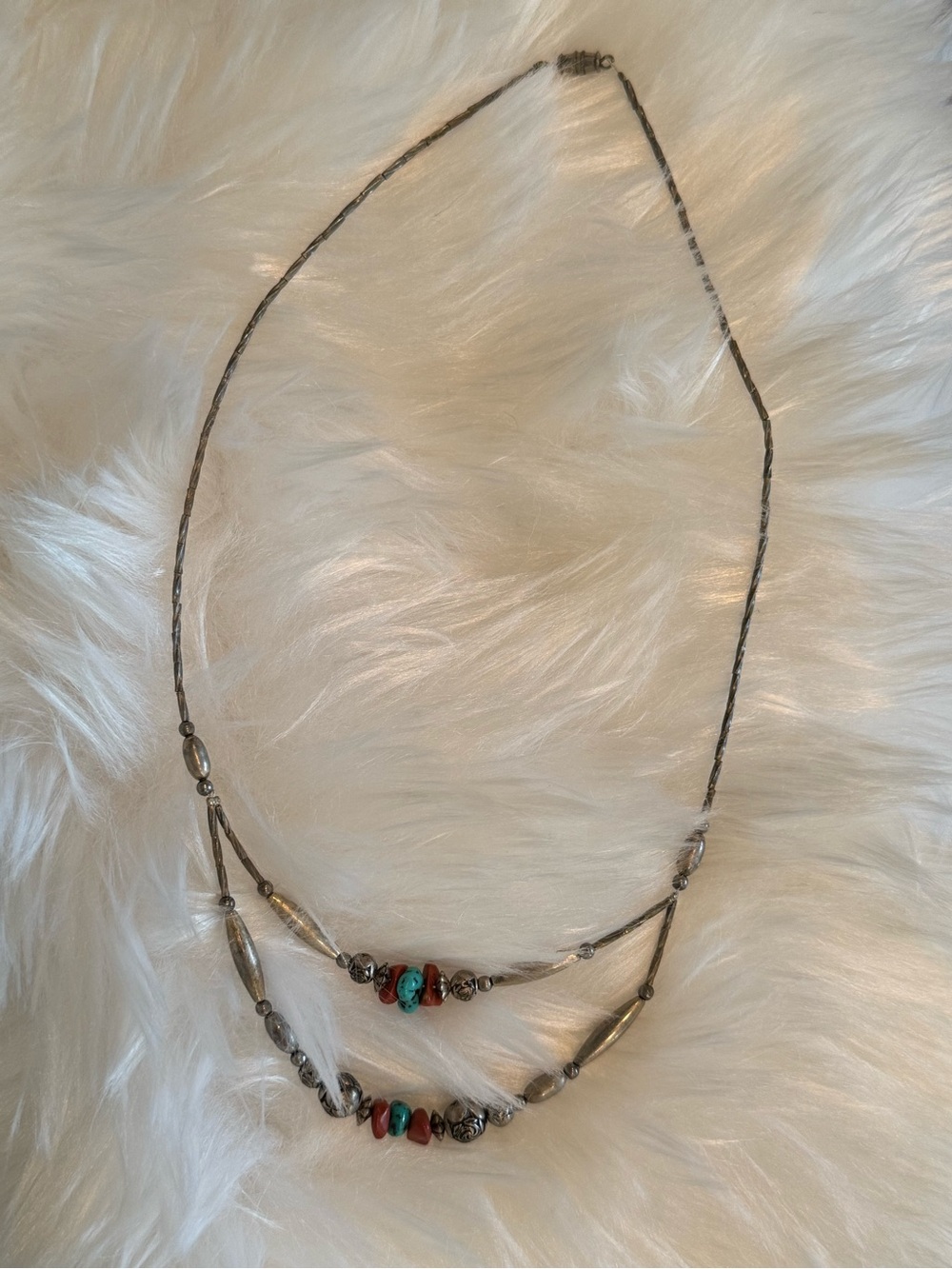 Vintage 1970s Southwestern 2 Strand Necklace Liquid Silver Tone Turquoise Coral